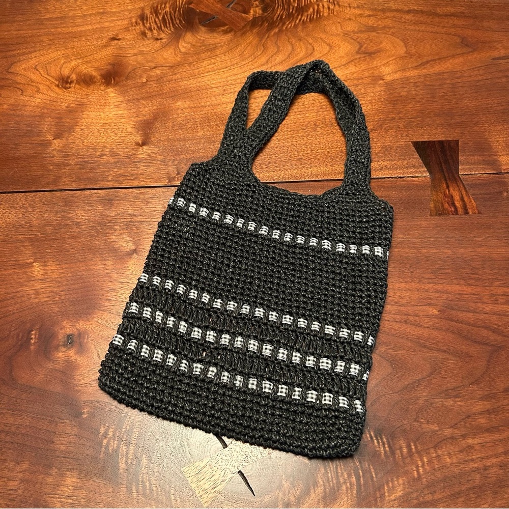 Vintage Crochet Bag with Gingham Ribbon Trim